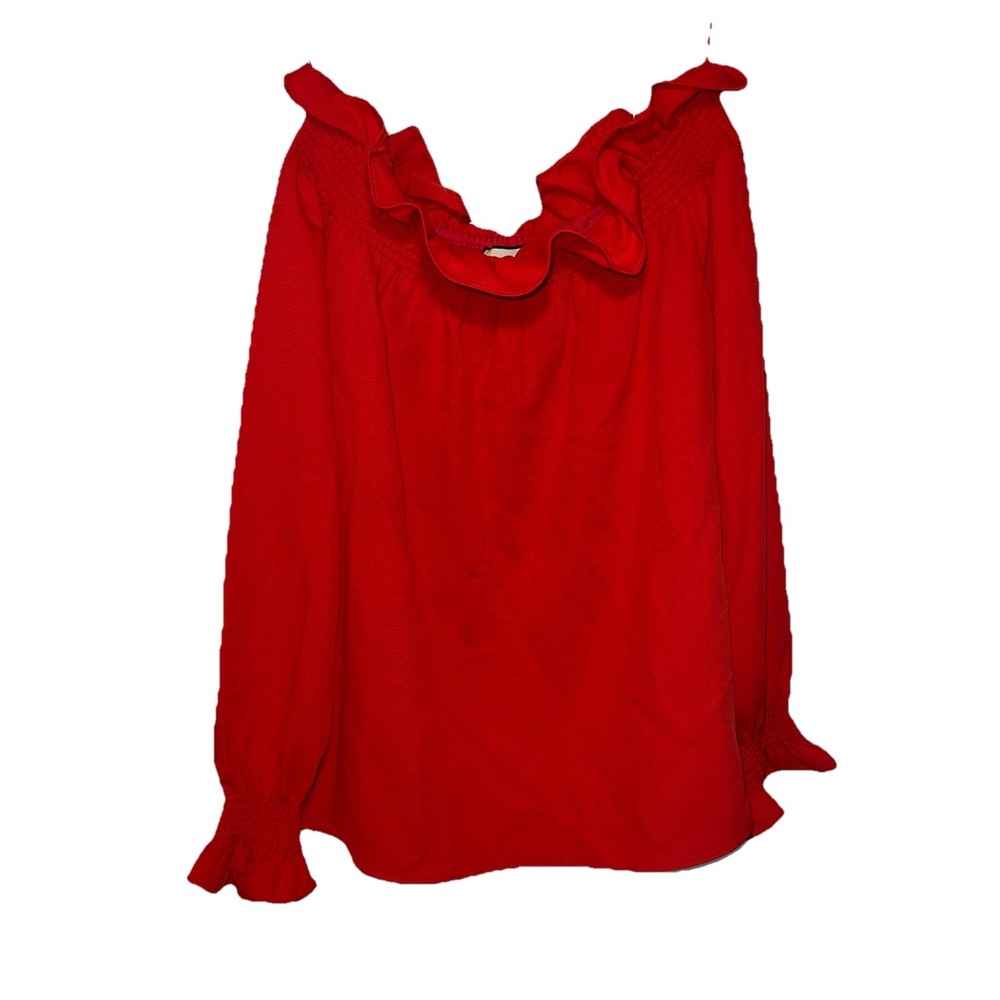 Tuckernuck Womens Ruffle Blouse Off Shoulder Red Long‎ Mocked Sleeves Size XS